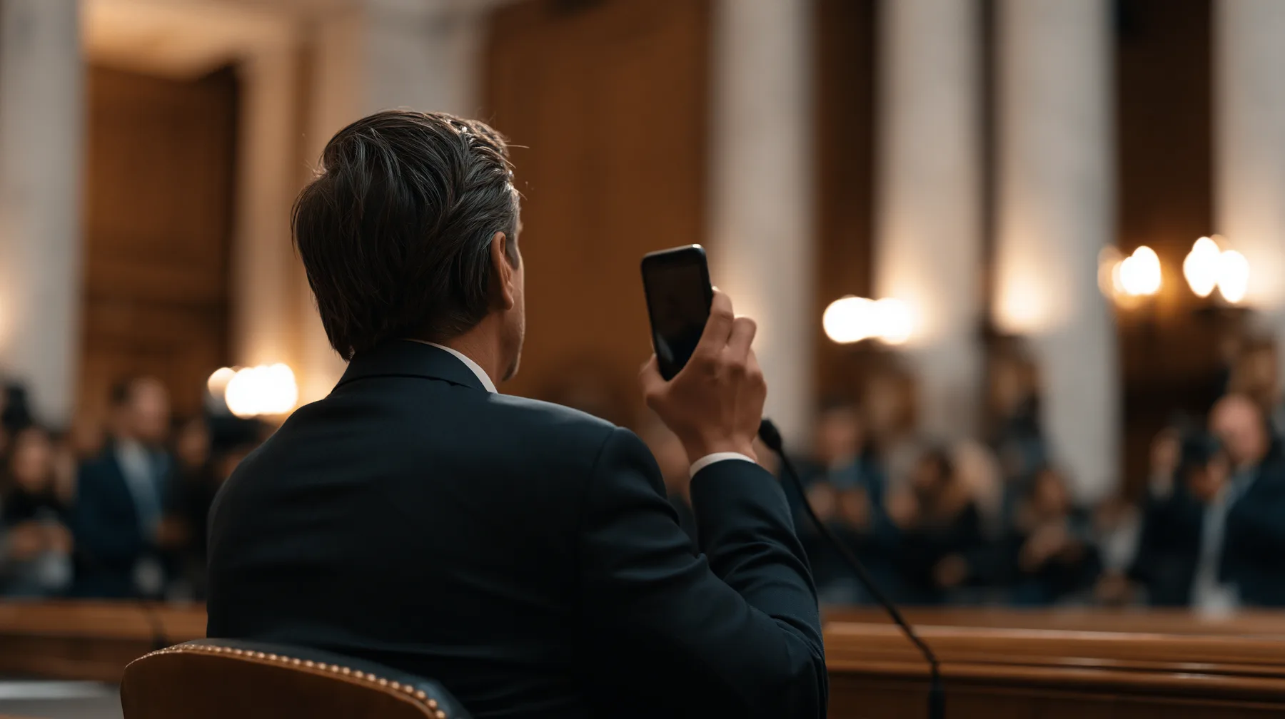 A man in a dark suit, seen from behind at a witness table, holds up a smartphone toward a blurred committee dais in a wood-paneled hearing room.
