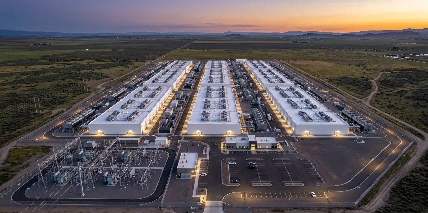 Aerial view at dusk of a sprawling white hyperscale data center campus set on open plains, with an electrical substation in the foreground.