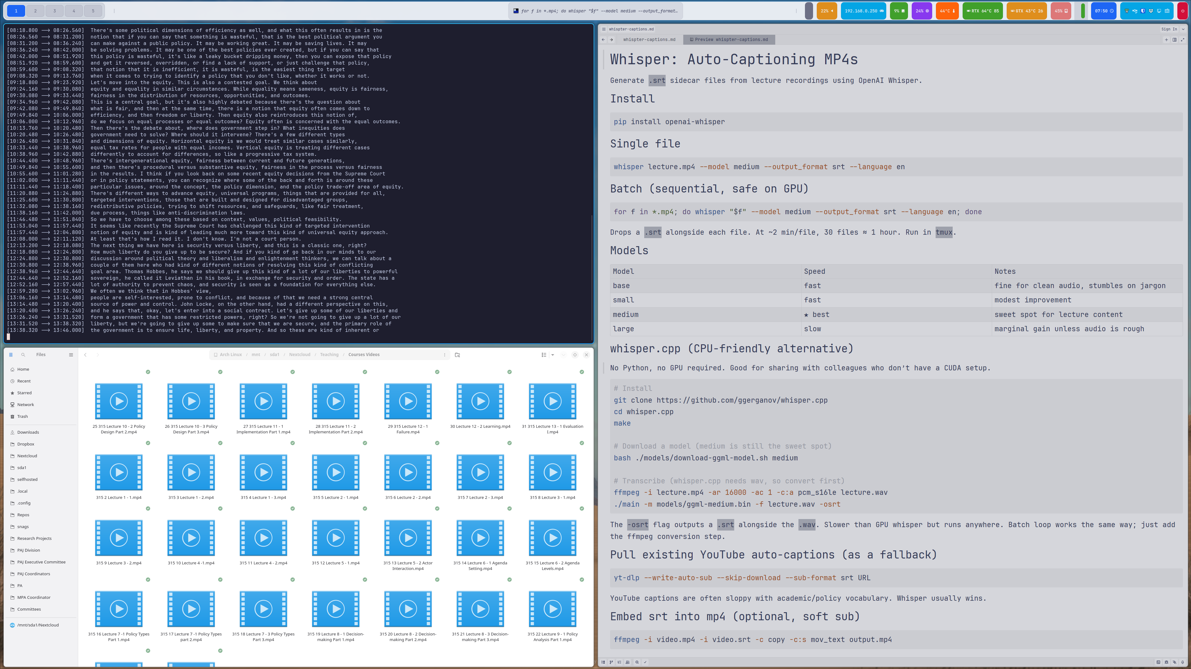 Terminal window showing Whisper batch-processing multiple lecture video files into .srt captions.