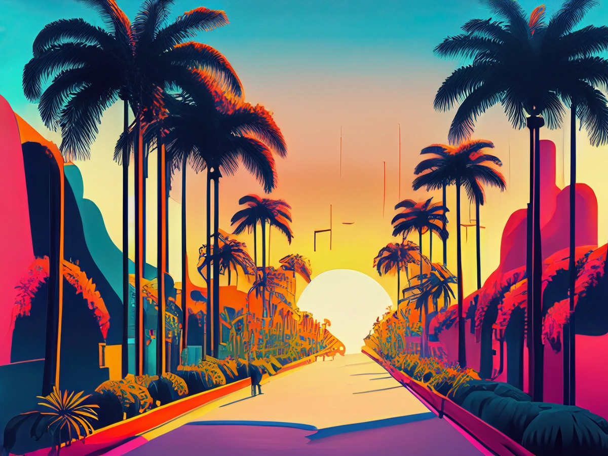 image of road with palmtrees at sunset